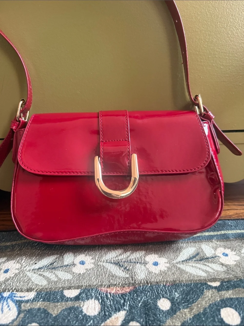 Red Patent Shoulder Bag with Gold Accent